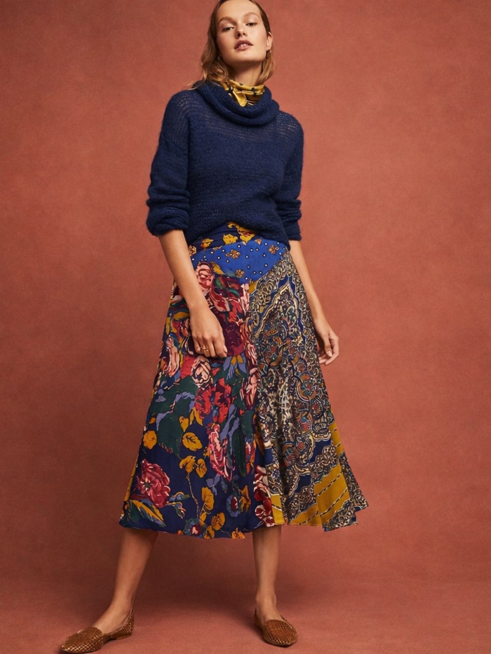 Moulinette Soeurs Anthropologie Gwen Printed Asymmetric Midi Skirt Size 0